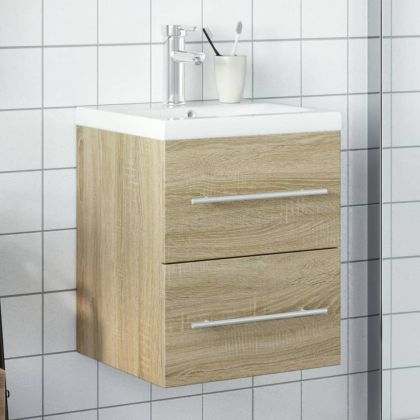 Шкаф за мивка за баня с вградена мивка, сонома дъб