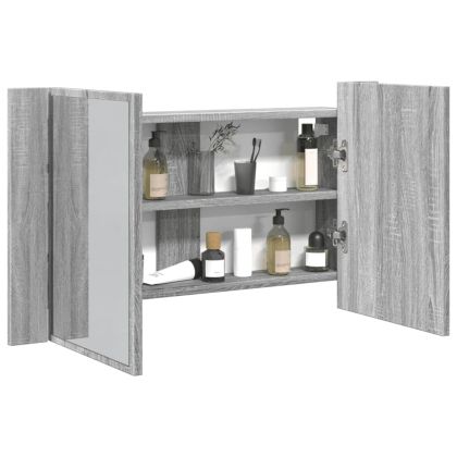 Шкаф с LED огледало за баня, сив сонома, 80x12x45 см, акрил