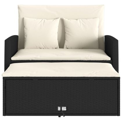Градински диван с възглавници 2-местен черен полиратан