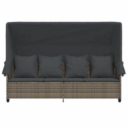 Шезлонг със сенник и възглавници, сив, полиратан