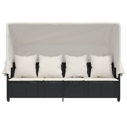 Шезлонг със сенник и възглавници, черен, полиратан