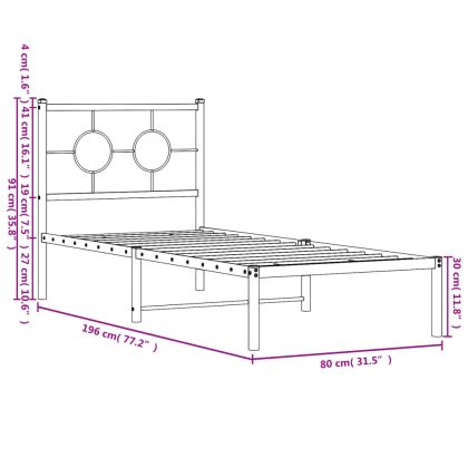 Метална рамка за легло, без матрак, с табла, бяла, 75x190 см