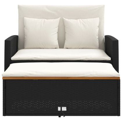 Градински диван с възглавници 2-местен черен полиратан и акация