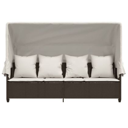 Шезлонг със сенник и възглавници, кафяв, полиратан