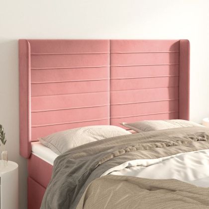 Горна табла за легло с уши, розова, 147x16x118/128 см, кадифе