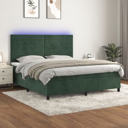Боксспринг легло с матрак и LED, тъмнозелено, 180x200см, кадифе