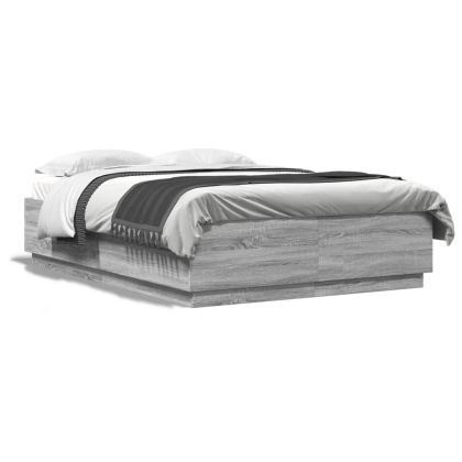Рамка за легло с LED осветление, сив сонома, 150x200 см