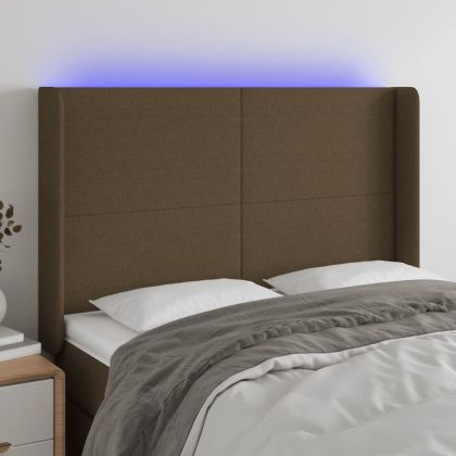 LED горна табла за легло, тъмнокафява,147x16x118/128 см, плат