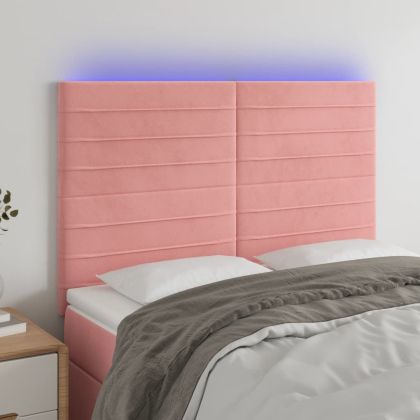LED горна табла за легло, розова, 144x5x118/128 см, кадифе