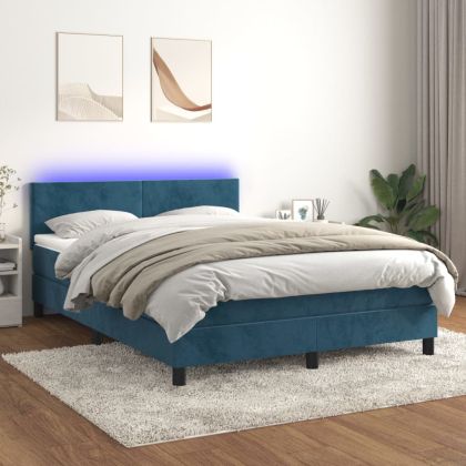 Боксспринг легло с матрак и LED, тъмносиньо, 140x190 см, кадифе