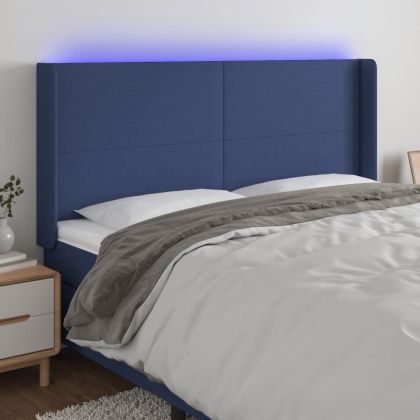 LED горна табла за легло, синя, 203x16x118/128 см, плат