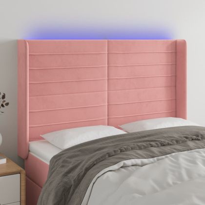 LED горна табла за легло, розова, 147x16x118/128 см, кадифе