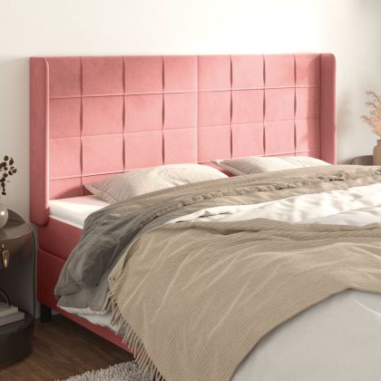 Горна табла за легло с уши, розова, 183x16x118/128 см, кадифе