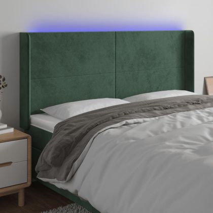 LED горна табла за легло, тъмнозелена, 163x16x118/128см, кадифе