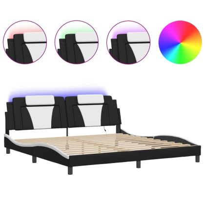 Рамка за легло с LED, черно и бяло, 200x200 см, изкуствена кожа
