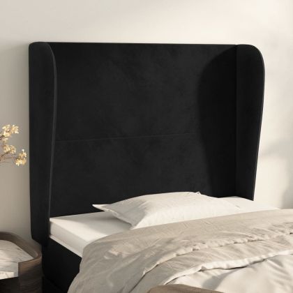 Горна табла за легло с уши, черна, 93x23x118/128 см, кадифе