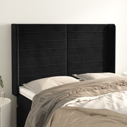 Горна табла за легло с уши, черна, 147x16x118/128 см, кадифе