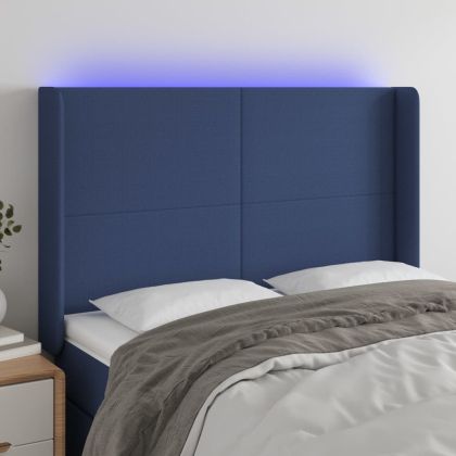 LED горна табла за легло, синя, 147x16x118/128 см, плат