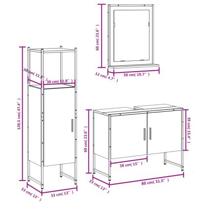 Комплект шкафове за баня от 3 части, черен, инженерно дърво