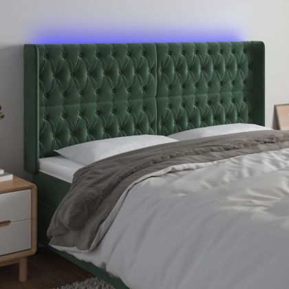 LED горна табла за легло, тъмнозелена, 183x16x118/128см, кадифе