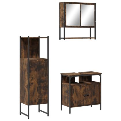 Комплект мебели за баня от 3 части, опушен дъб, инженерно дърво