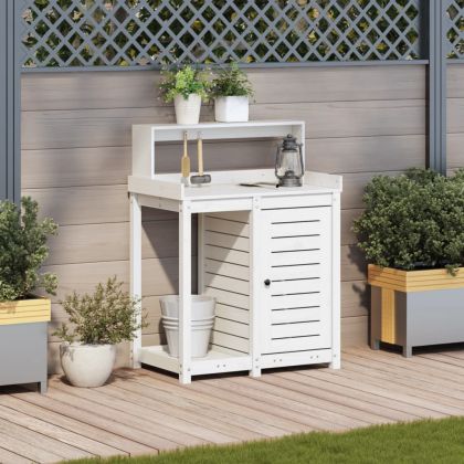 Маса за разсаждане с рафтове, бяла, 82,5x50x109,5 см, бор масив