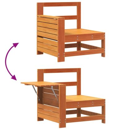 Градински диван с подлакътник и странична маса кафяв бор масив