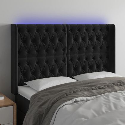 LED горна табла за легло, черна, 163x16x118/128 см, кадифе