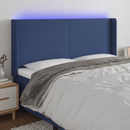 LED горна табла за легло, синя, 163x16x118/128 см, плат