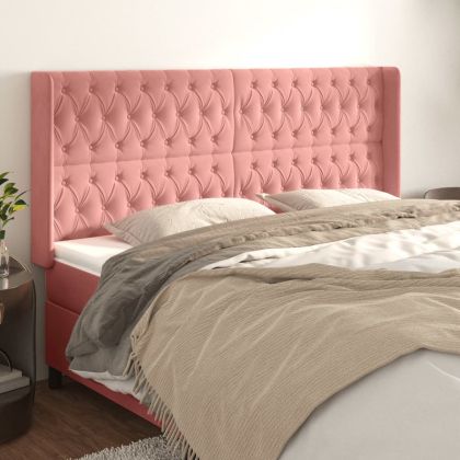 Горна табла за легло с уши, розова, 183x16x118/128 см, кадифе