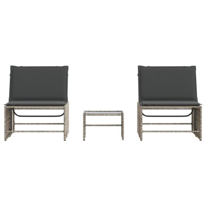 Шезлонги, 2 бр. с маса, светлосиви, полиратан