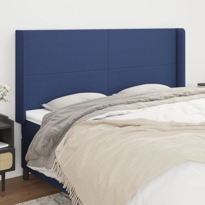 Горна табла за легло с уши, синя, 163x16x118/128 см, плат