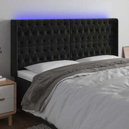 LED горна табла за легло, черна, 183x16x118/128 см, кадифе