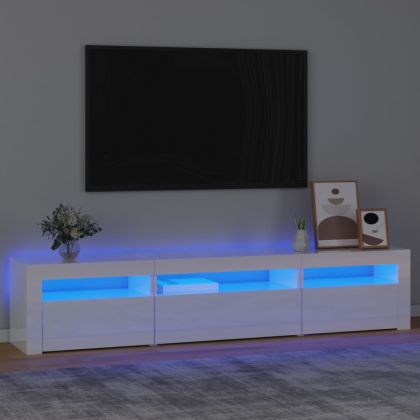 ТВ шкаф с LED осветление, бял гланц, 195x35x40 см