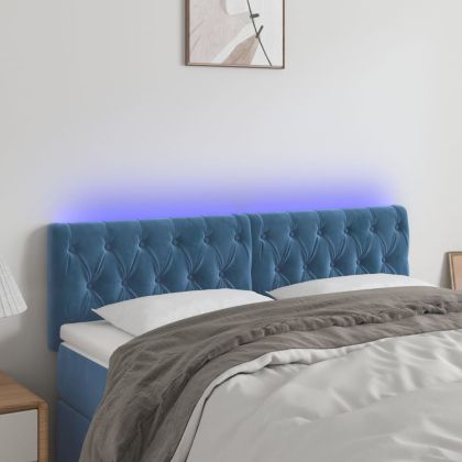 LED горна табла за легло, тъмносиня, 144x7x78/88 см, кадифе
