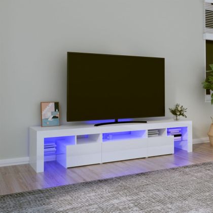 ТВ шкаф с LED осветление, бял гланц, 200x36,5x40 см
