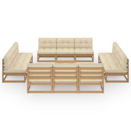 Градински лаундж комплект, 13 части, с възглавници, бор масив