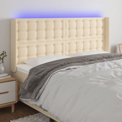 LED горна табла за легло, кремава, 163x16x118/128 см, плат