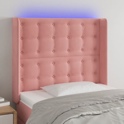 LED горна табла за легло, розова, 93x16x118/128 см, кадифе