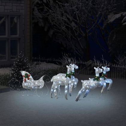 Коледна украса елен и шейна, 100 LED, за открито, сребристо