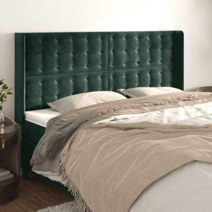 Горна табла за легло с уши,тъмнозелена, 183x16x118/128см,кадифе