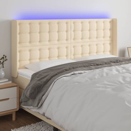 LED горна табла за легло, кремава, 203x16x118/128 см, плат