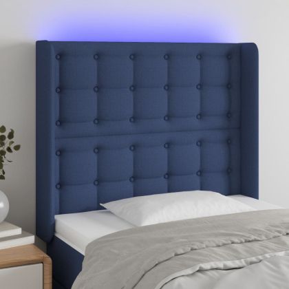 LED горна табла за легло, синя, 93x16x118/128 см, плат