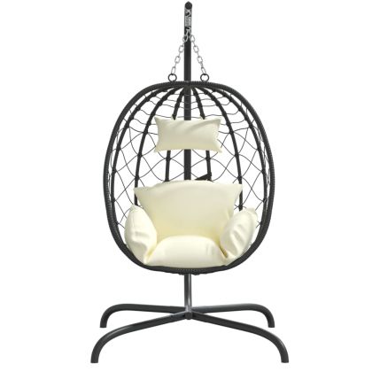 Висящ стол тип „яйце“ с възглавница, кремаво бял, полиратан и стомана