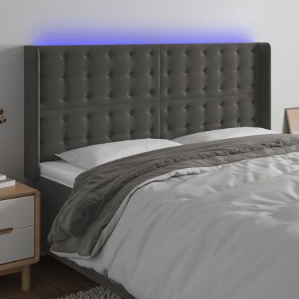 LED горна табла за легло, тъмносива, 183x16x118/128 см, кадифе