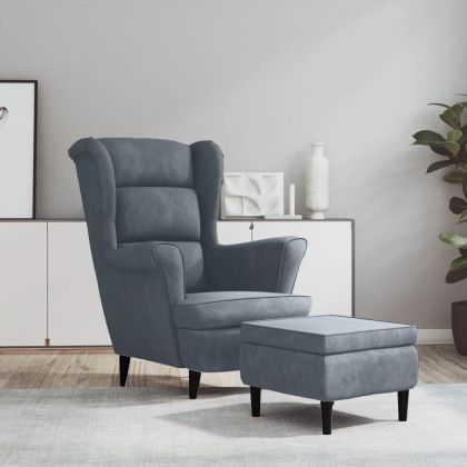 Фотьойл Wingback с табуретка, тъмносив, кадифе