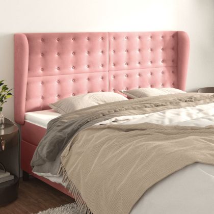 Горна табла за легло с уши, розова, 183x23x118/128 см, кадифе