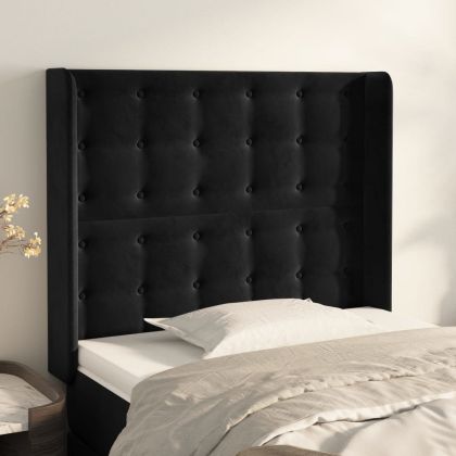 Горна табла за легло с уши, черна, 83x16x118/128 см, кадифе