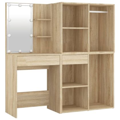 LED тоалетка с 2 шкафа, сонома дъб, инженерно дърво