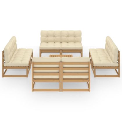 Градински лаундж комплект, 9 части, с възглавници, бор масив